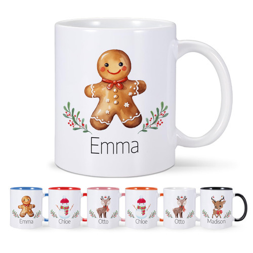 Christmas Coffee Mug Personalized Name Kids Hot Chocolate Mug Christmas Cocoa Mugs 11 oz Ceramic Tea Cup Cute Gingerbread Snowman Reindeer Mug Customized Christmas Winter Holiday Gifts Xmas Decoration