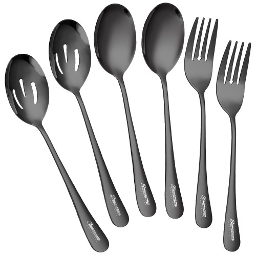 Serving Spoon Sets 6 Pieces Includes Serving Spoon Slotted Serving Spoon Serving Fork 8 1/2" Stainless Steel Black Serving Spoons for Parties Buffet Serving Utensils Set(Black)