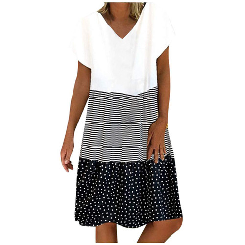 Sundresses for Women Fashion Women Casual Loose Stripe Dot Patchwork V-Neck Short Sleeves Dress Plus Size Doll Dresses for Women Women Dress Casual(Black,Large)