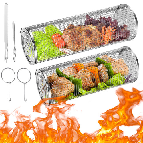 2 Pack Rolling Grill Basket, Rolling Grilling Baskets for Outdoor Grilling, BBQ Net Tube, Grilling Basket Outdoor Round BBQ Stainless Steel Grill Basket Campfire Grill Grid Round Stainless Steel BBQ Grill Mesh (10.63x3.54x3.54" & 11.81x3.94x3.94")