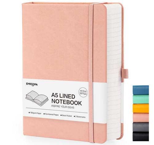 Lined Journal Notebook with 320 Pages, A5 Notebook College Ruled Thick Journals for Writing with 100GSM Numbered Paper, Hardcover Notebooks with Index Stickers for Work, School, Women, Men, Pink