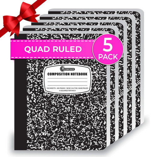 Rosmonde Graph Paper Composition Notebook, 5 Pack, 200 Pages (100 Sheets), Quad Ruled Composition Notebook, Graph Notebooks, 4x4 Grid Composition Notebook, Black Marble, Sewn Hard Cover, 9-3/4 x 7-1/2