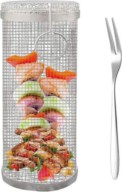 RXRENXIA Rolling Grill Basket Stainless Steel Barbecue Cooking Grill Grate - Grill Baskets for Outdoor Grill, Vegetable Grill Basket, Portable Outdoor Camping BBQ Rack,30cm