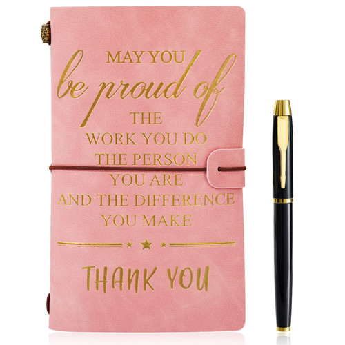 May You be Proud of the work You Do Leather Journal & Pen Set Employee Appreciation Gift Thank You Gift office supply Inspirational Notebook for Coworker Team Colleague (A6,Pink)