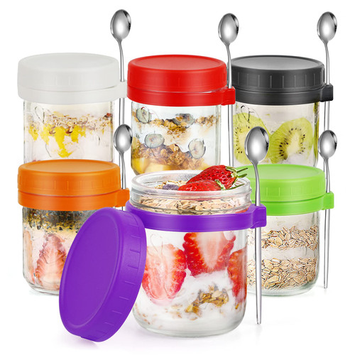JUJOJB 6 Pack Overnight Oats Containers with Lids and Spoons 12 Oz Glass Mason Jars for Overnight Oats Leak Proof Oatmeal Container Great for Cereal Fruit Vegetable Milk Salad Yogurt Meal Prep