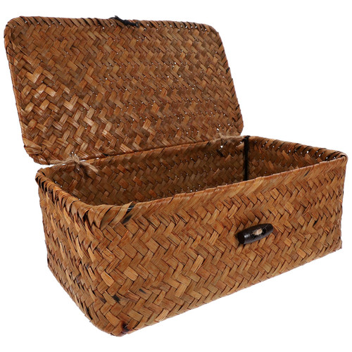 HEMOTON Toilet Paper Basket Seagrass Storage Basket with Lid Handwoven Wicker Storage Bin Rectangular Household Organizer Box for Shelf Wardrobe S Seaweed Woven Basket