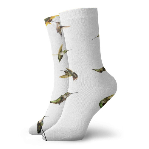 GULTMEE Funny Compression Socks Women and Men,Illustration Of Hummingbirds In Motion And At Rest Sunflowers Summer,Best for Circulation,Running,Athletic,Nurse,Travel, -12 inch