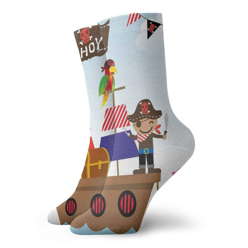 GULTMEE Funny Compression Socks Women and Men,Cute Pirate Kids Treasure Chest With Ship On Ocean Background Illustration,Best for Circulation,Running,Athletic,Nurse,Travel, -12 inch