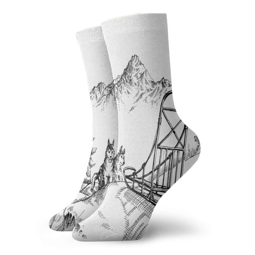 Alaskan Malamute Funny Compression Socks Women and Men,Mountain Landscape In Winter Sledding Dogs Pine Trees Wilderness Art,Best for Circulation,Running,Athletic,Nurse,Travel,Black And White -12 inch