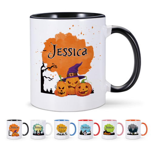 Personalized Halloween Mug, Pumpkin Ghost Halloween Coffee Mug, Custom Name Coffee Cup, Personalized Halloween Birthday Christmas Mug Gifts for Kids Adult, 11oz Customized Tea Cup