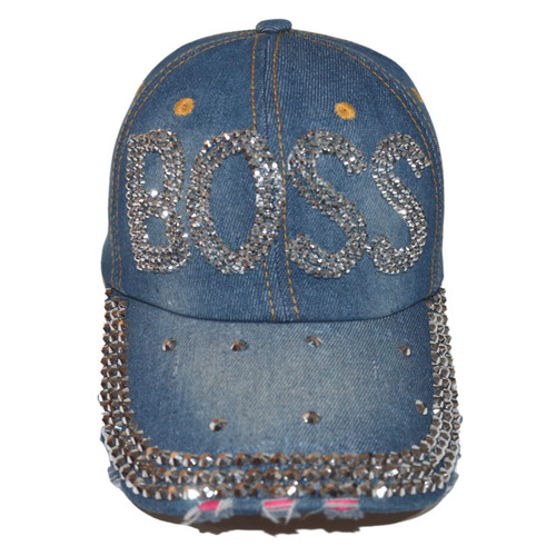 Popfizzy Bling Boss Hats for Women, Rhinestone Boss Hat, Bedazzled Baseball Caps, Fancy Bejeweled Hats, Distressed Denim Hat, Boss Gifts for Women