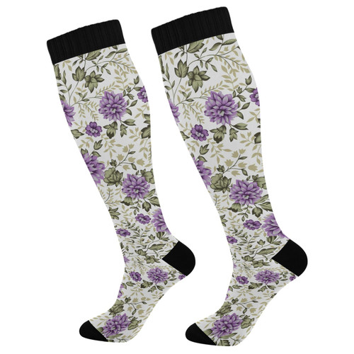 JUNZAN Vintage Purple Floral Compression Socks for Women & Men Circulation Long Socks for Running Cycling Athletic Nurse