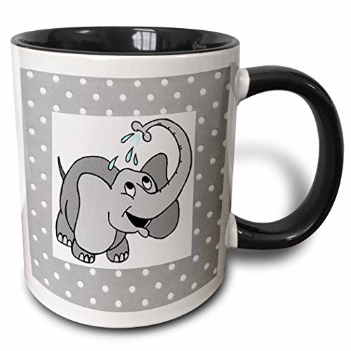 3dRose mug_37284_4"Adorable Baby Elephant On Dotted Gray and White" Two Tone Black Mug, 11 oz, Multicolor