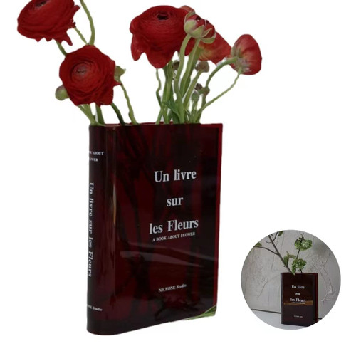 Book Flower Vase Bag Vase Acrylic Clear Book Flower Vase Clear Book Vase Book Decorative Acrylic Vase Book Vase for Flowers Aesthetic Room Decor (Brown)