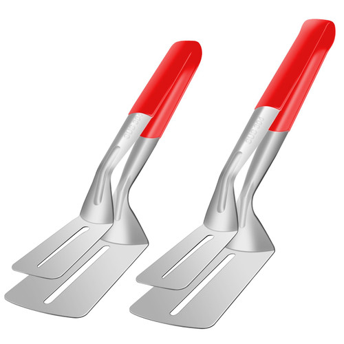 Spatula Tongs for Flipping, Stainless Steel Grill Clamp Spatula Flipper, Double-sided Shovel Clip for Beefsteak Bread Hamburger BBQ Meats Pizza Pies Bread Fish(11.6 Inch /10 Inch,Red)