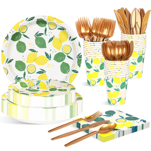 Uniecocus 350PCS Disposable Plates Set, Party Plates and Cups and Napkins Sets, Lemon Paper Plates Set, Disposable Dinnerware Set 50 Guests for Party Wedding Birthday