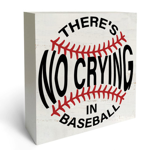 Rustic Farmhouse Style There's No Crying in Baseball Box Sign Wood Desk Sign Decor Wooden Block Plaque Box Sign Home Decorations (5 x 5 Inches)