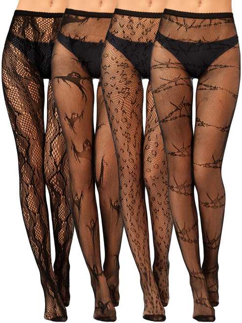 Foaincore 4 Pairs Halloween Fishnet Tights Black Patterned Tights Spider Web Bat Leopard Snake Stockings Fishnet Leggings Waist High Pantyhose for Women Girls
