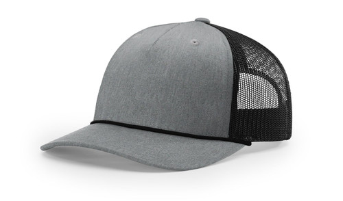 The Hat Pros | Richardson 112FPR Five Panel Pinch Trucker Hat w/Visor Rope | Adjustable Snapback (Heather Grey/Black/Black)
