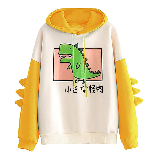 Hoodies for Women Pullover Women's Teen Girls Cute Dinosaur Long Sleeve Hoodies Casual Loose Sweaters Hooded Sweatshirts Pullover Tops Shirts Yellow