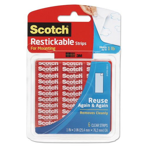 Scotch R101 Restickable Mounting Tabs, 1" x 3", Clear, 6/Pack