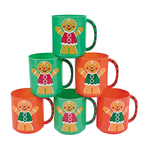 Fun Express Set of 12 Pieces Plastic Holiday Gingerbread Man Mugs, Holds 8 oz, BPA Free Plastic, Christmas Party Supplies, Orange & Green