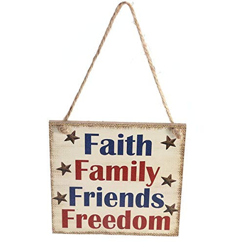 Soochat 4th of July Wooden Hanging Sign,Patriotic Wooden Hanging Sign,Fourth of July Independence Day Decorations,Faith Family Friends Freedom
