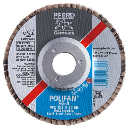PFERD Polifan SG Abrasive Flap Disc, Type 29, Threaded Hole, Phenolic Resin Backing, Aluminum Oxide, 5" Dia., 120 Grit (Pack of 1) PFERD Polifan SG Abrasive Flap Disc, Type 29, Threaded Hole, Phenolic Resin Backing, Aluminum Oxide, 5" Dia., 120 Grit (Pack of 1)