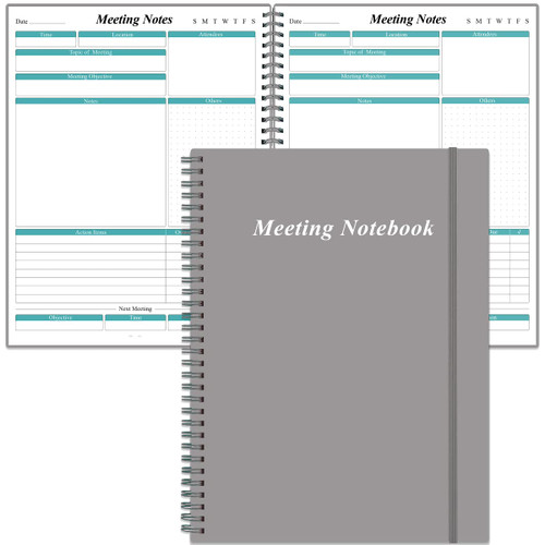 Meeting Notebook for Work with Action Items - A4 Spiral Project Planner Notebook for Note Taking, Office/ Business Meeting Notes Agenda Organizer for Men & Women, 80Sheets / 160 Pages, 8.5" x 11", Grey