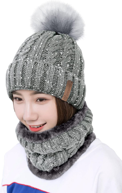 IYEBRAO Womens Winter Knit Beanie Hat Scarf Set for Girl Slouchy Thick Fleece Lined Ski Hat Warm Skull Cap with Pom (Light Grey) IYEBRAO Womens Winter Knit Beanie Hat Scarf Set for Girl Slouchy Thick Fleece Lined Ski Hat Warm Skull Cap with Pom (Light Grey)