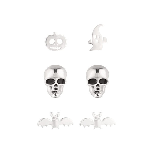 3 Pairs 925 Sterling Silver Halloween Earrings for Women Halloween Theme Stud Earrings Set Bat Pumpkin Ghost Skull Earrings for Girl Halloween Jewelry
