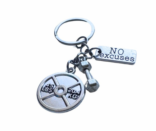 45 Lbs Weightlifting plate + Small Dumbbell +Motivational tag Keychain (Plate + Small Dumbbell + No excuses)