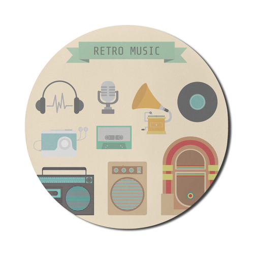 Lunarable Jukebox Mouse Pad for Computers, Retro Music Lettering Old Style Music Element Tape Radio Record Plate Walkman Print, Round Non-Slip Thick Rubber Modern Gaming Mousepad, 8" Round, Multicolor