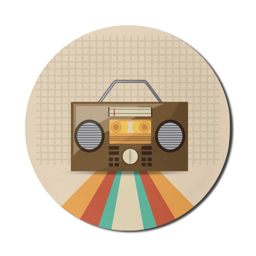 Lunarable Vintage Mouse Pad for Computers, Old Radio with Tape Deck Device and Retro Strips Music Entertainment, Round Non-Slip Thick Rubber Modern Gaming Mousepad, 8" Round, Champagne and Multicolor