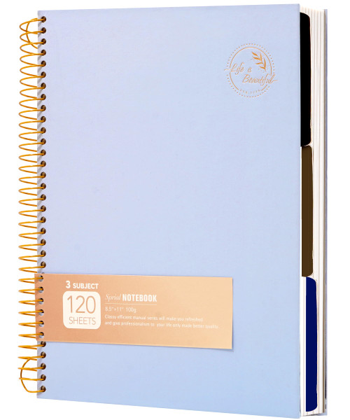 Yoment Spiral Notebook 8.5 x 11 Hardcover Spiral Notebook College Rule, 3 Subject Large Spiral Notebook for Note Taking for School Office Work, Blue