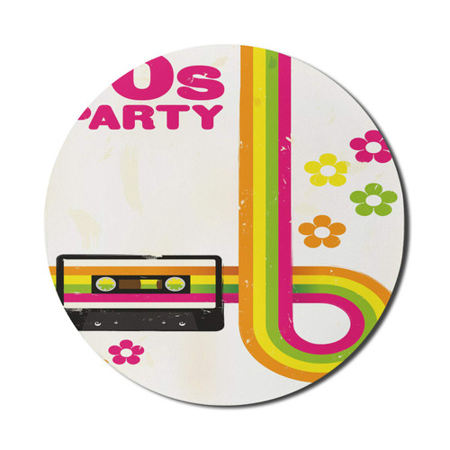 Ambesonne 70s Party Mouse Pad for Computers, Party Flyer Inspired and Curved Stripes with Daisies Audio Cassette Tape, Round Non-Slip Thick Rubber Modern Gaming Mousepad, 8" Round, Multicolor