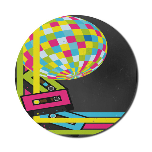 Ambesonne Popstar Party Mouse Pad for Computers, Retro Party Theme Disco Ball 80's Style Audio Cassette Tapes Colorful Stripes, Round Non-Slip Thick Rubber Modern Gaming Mousepad, 8" Round, Multicolor