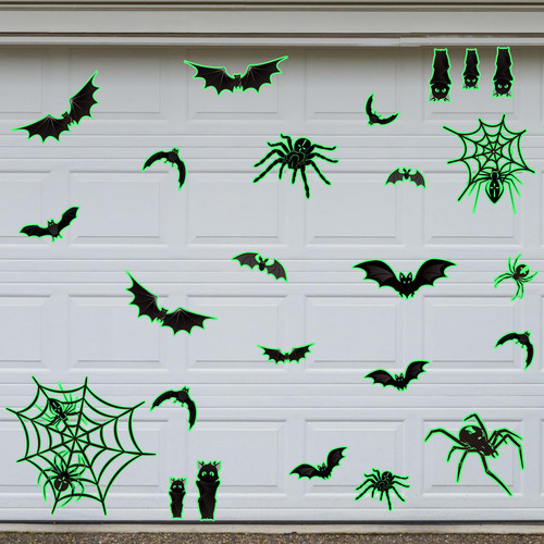 Whaline 25Pcs Halloween Garage Decoration Magnet Stickers Luminous Bat Spider Web Garage Door Decals Scary Magnet Refrigerator Stickers for Halloween Party Home Car Garage Door Decorations
