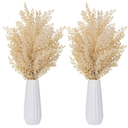 2Pcs 15'' Faux Pampas Grass with Vase Small Artificial Pampas Grass Flowers Bouquet Plant Fluffy Boho Home Decor Fake Pompass Pompous Grass Floral Arrangement Wedding Party Room Decorations (Taupe)