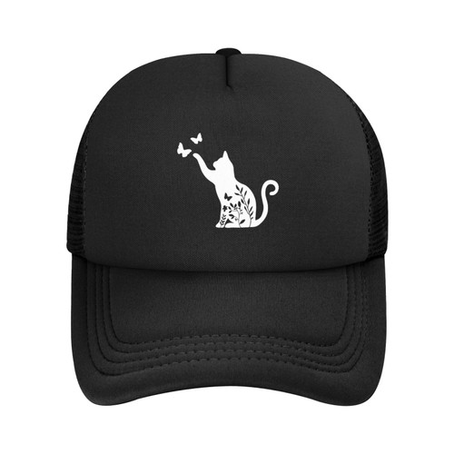 Wisedeal Women's Floral Cat Trucker Hat Adjustable Snapback Mesh Baseball Cap for Men Women Black