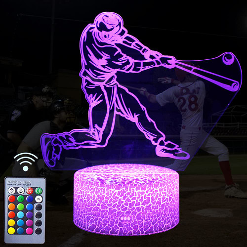 Baseball Player Night Light,3D Illusion Lamp Baseball Player Lights for Kids Room,16 Colors & Flashing Modes with Remote Control Opreated Dimmable Christmas Birthday Gifts for Boys Girls Kids Children