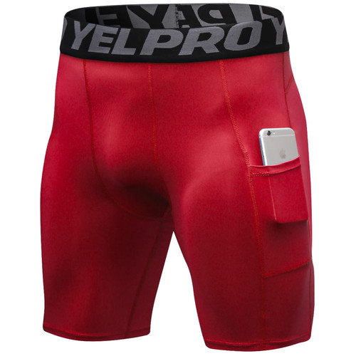 Red Men's Compression Shorts, Compression Underwear for Men Athletic Shorts Pockets Spandex Running Shorts Cool Dry