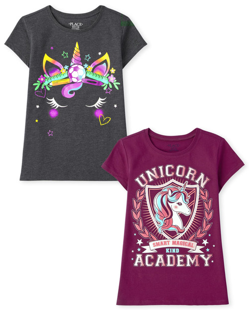The Children's Place Girls' Short Sleeve Graphic T-Shirt, Unicorn Academy/Soccer Unicorn, Small