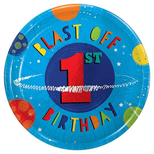 Amscan Blast Off 1st Birthday 7" Round Metallic Dessert Plates, 8 Count