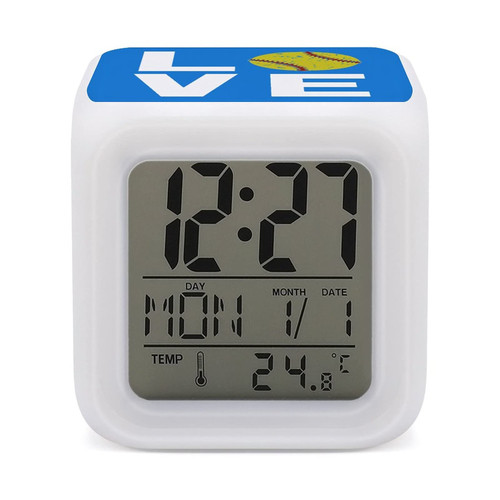 I Love Softball Digital Alarm Clock with Cube Night Light and Thermometer