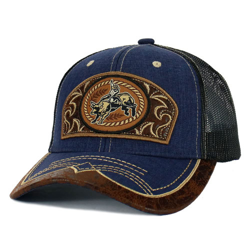 Rodeo Cowboy Hat Bull Rider/Horse Western Trucker Mesh Snapback Baseball Cap (Cowboy Bull Rider - Navy Blue)