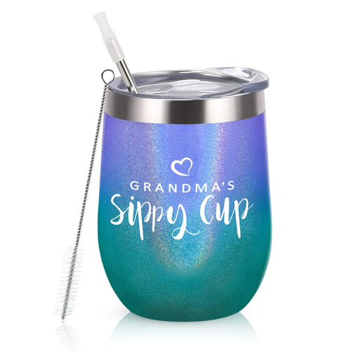 GINGPROUS Gifts for Grandma, Grandma's Sippy Cup Wine Tumbler, Birthday Mother's Day Gifts for Grandma Grandmother New Best Grandma Nana, 12 Oz Insulated Stainless Steel Tumbler with Straw, Glitter