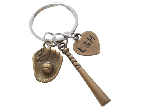 Custom Bronze Baseball Keychain with Baseball Mitt & Bat Charm & Stamped Initials Tag; Couples Anniversary Gift