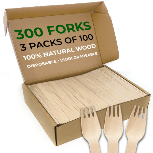 Disposable Wooden Cutlery Set 300 Piece Total, Biodegradable Compostable Cutlery Eco Friendly, 300 Wooden Forks Disposable Utensils Set (300 ct)