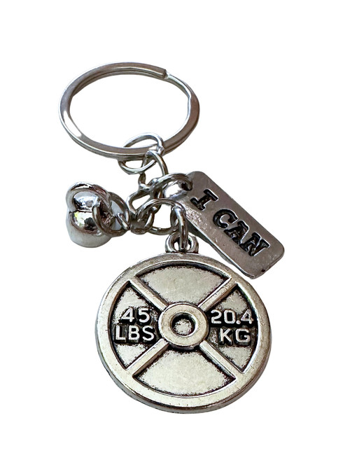 45 Lbs Weightlifting Plate + I Can + Small Kettlebell Keychain